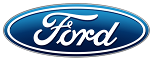 The Ford logo, a blue oval shape with the word "Ford" written in silver letters in the center, slanted forward with a slightly stylized appearance.