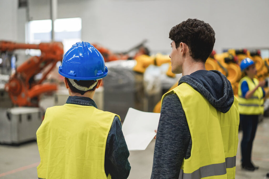 Image of industrial engineers inside a robotic factory, monitoring manufacturing process and applying Lean methodologies for waste reduction and process improvement, emphasizing the importance of efficiency in modern manufacturing.